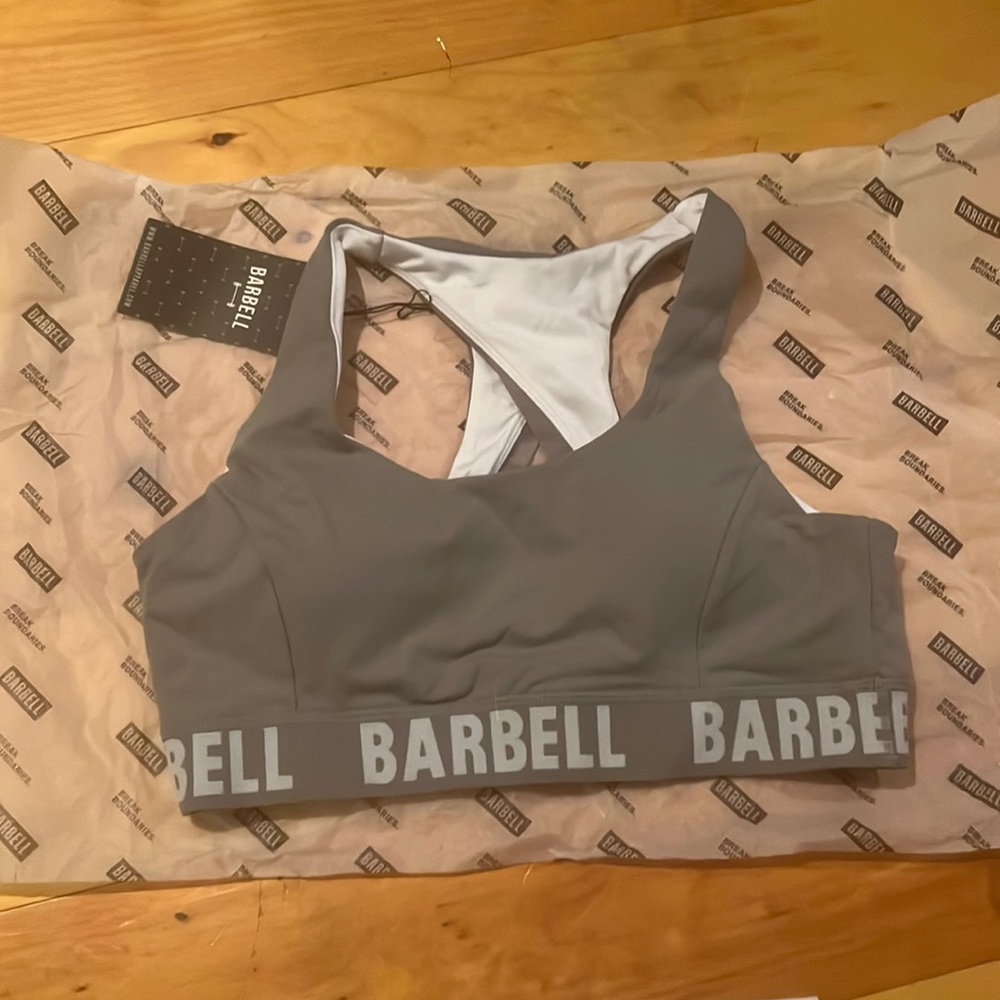 Barbell sports bra. Large, gray, new with tags.